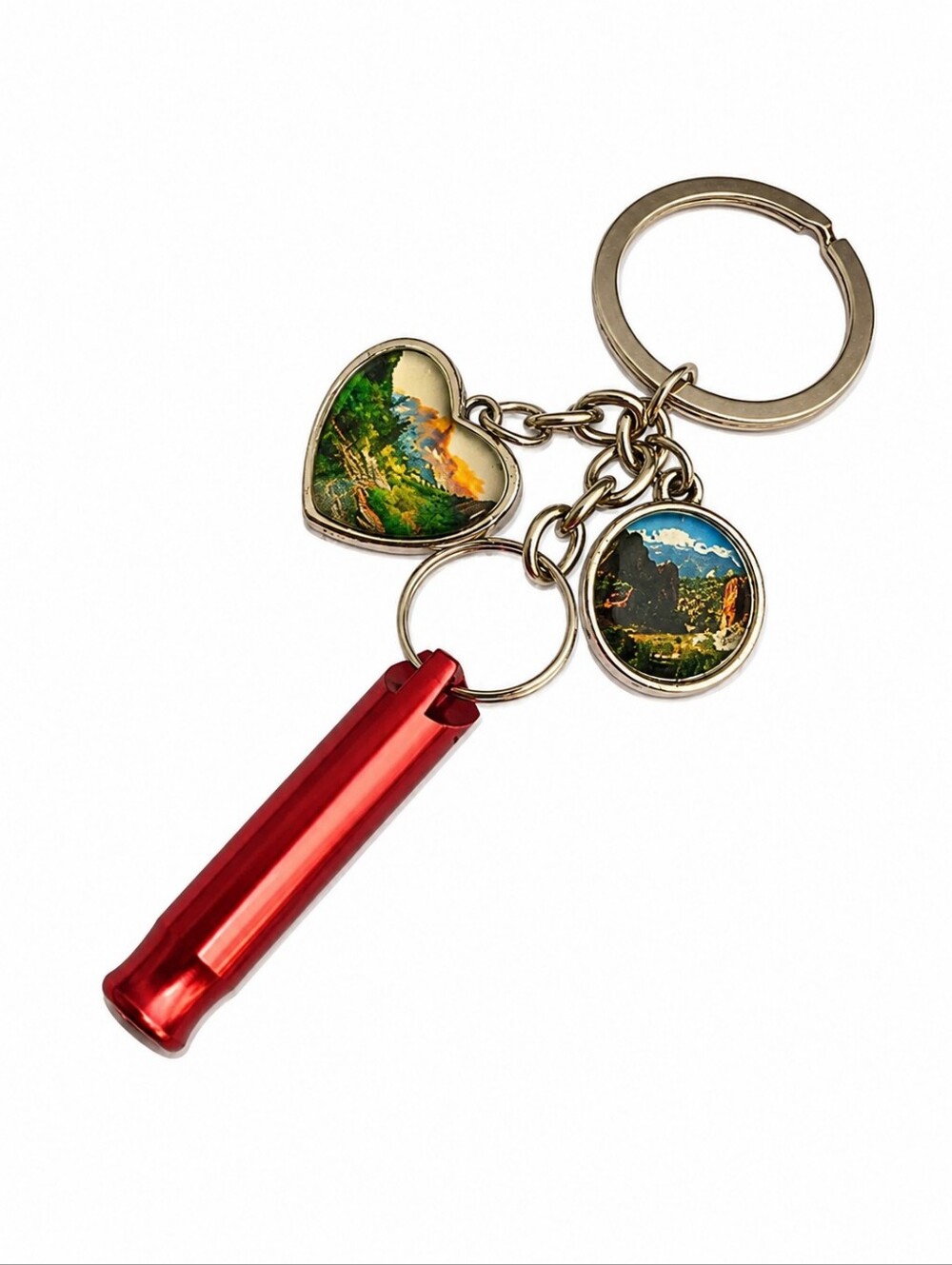 3/$20 Scenic Heart and Round Charm Keychain with Red Whistle
